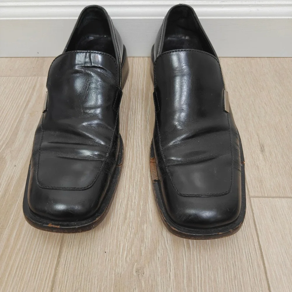 Gucci Mens Loafers 8.5 Black Leather Square Toe Metal Logo Plate Italian Shoes